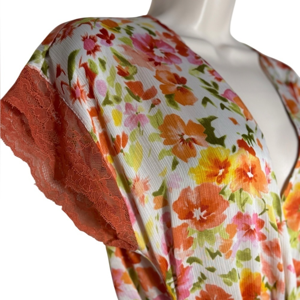 Oscar de la Renta Vintage Y2K Pink Orange Floral Label Chiffon Robe Small - Picture 5 of 11
